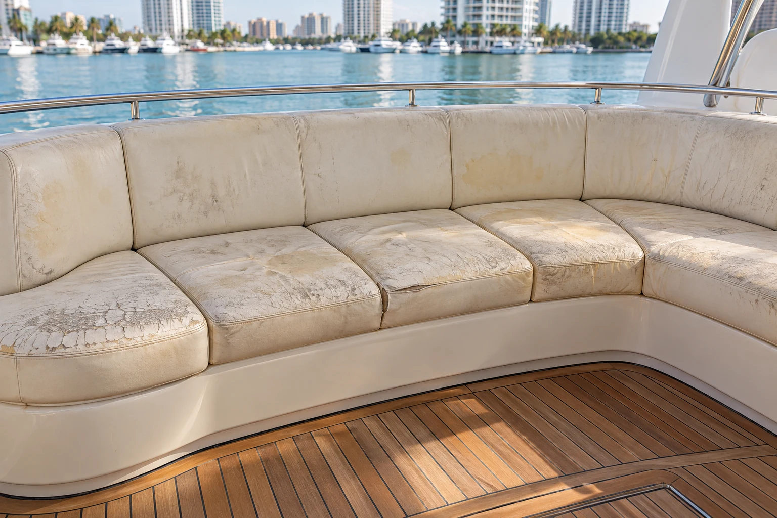 The same illustrative sofa before reupholstery, with worn and cracked material